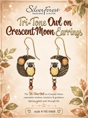 Silver Forest Tri-Tone Owl on Crescent Moon Earrings 🦉🌙
